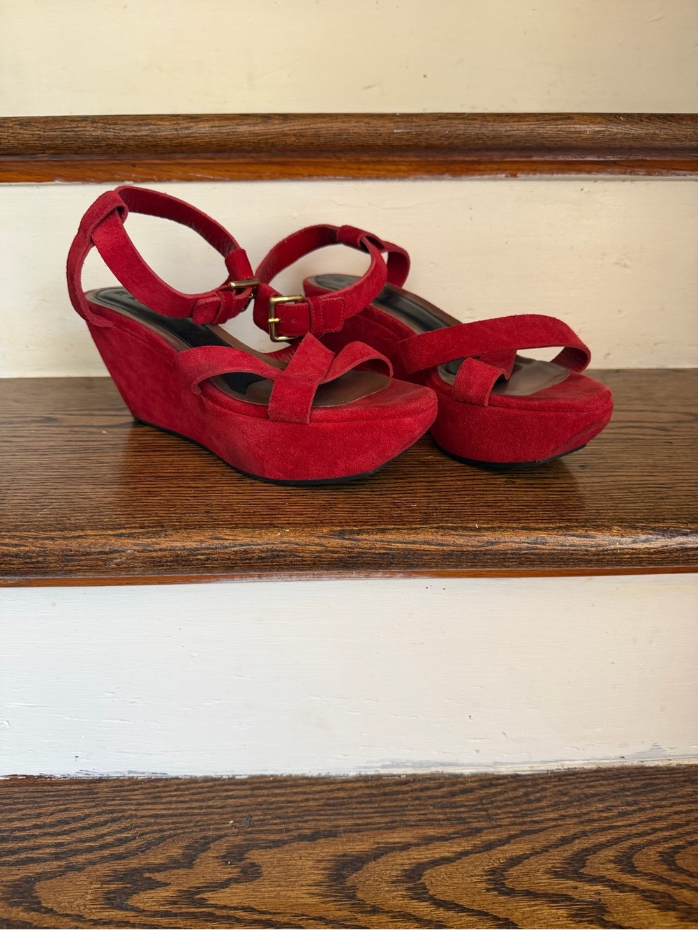 Vintage MARNI Red Suede Wedge Sandals - 38